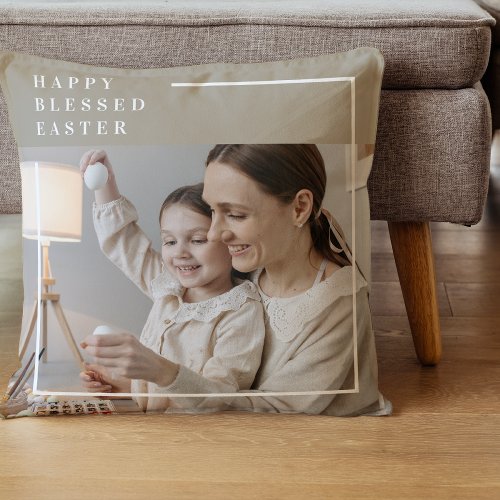 Beige Modern Family Photo  Happy Blessed Easter Throw Pillow