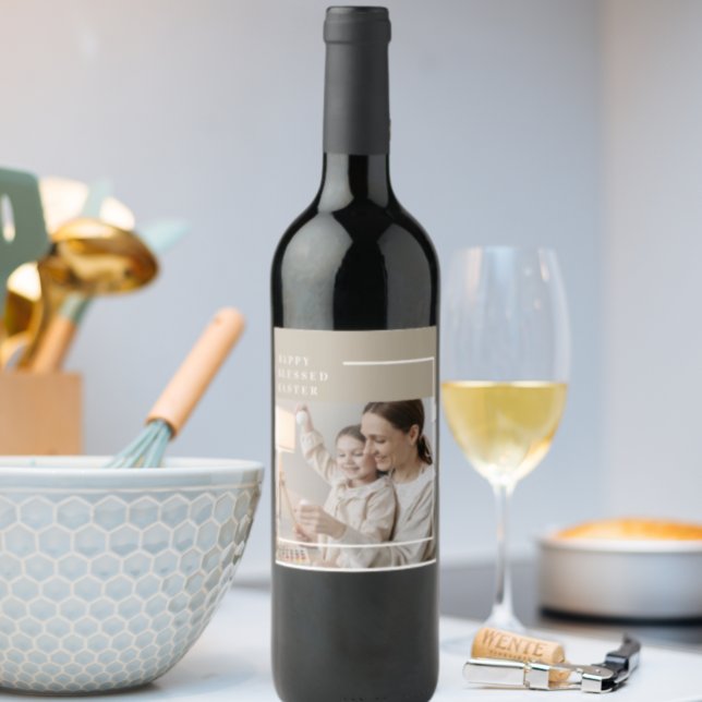 Beige Modern Family Photo | Happy Blessed Easter Wine Label (Creator Uploaded)