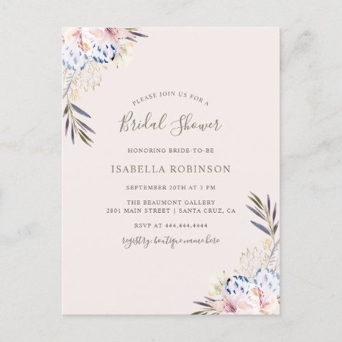 Beige Modern Flowers Watercolor Bridal Shower Invitation Postcard