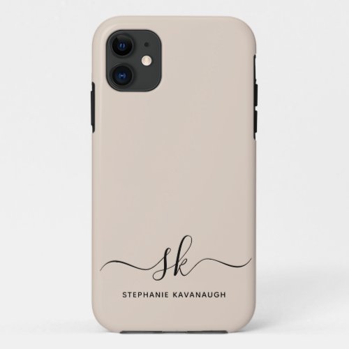 Beige Modern Minimal Name Initial Monogram iPhone 11 Case