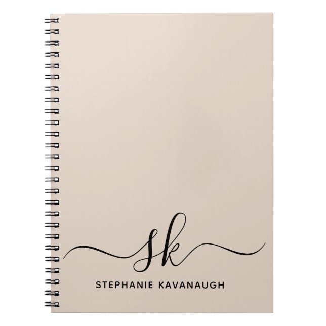 Beige Modern Minimal Name Initial Monogram Notebook (Front)