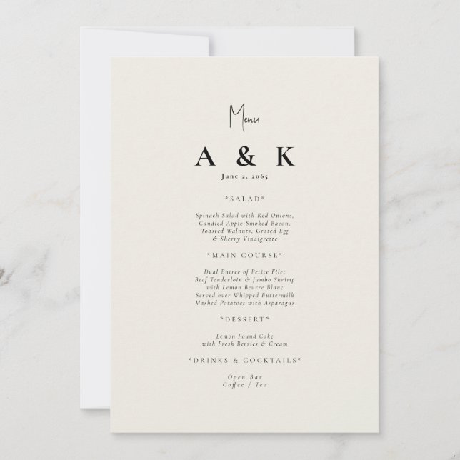Beige Modern Monogram Wedding Menu Invitation (Front)