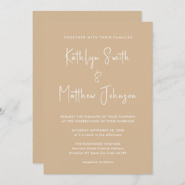 Beige Modern Script All In One Minimalist Wedding Invitation (Front/Back)