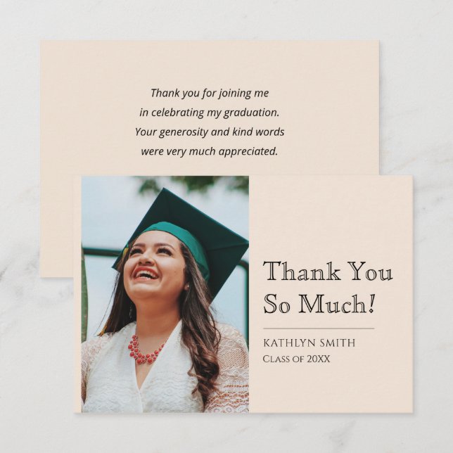 Beige Modern Script Photo Graduation Thank You Card (Front/Back)