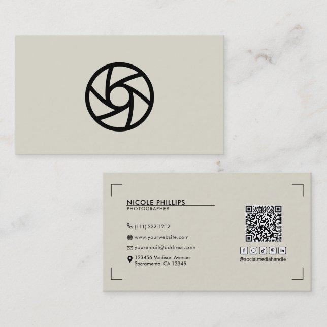 Beige Modern Your Custom Logo Photography  Business Card (Front/Back)