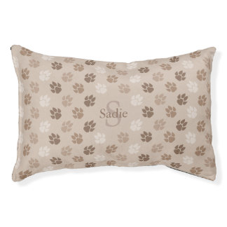 Beige Monogram And Name Dog Paws Pattern Pet Bed