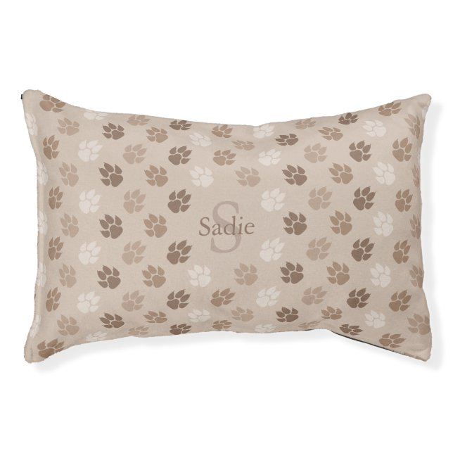 Beige Monogram And Name Dog Paws Pattern Pet Bed (Front)