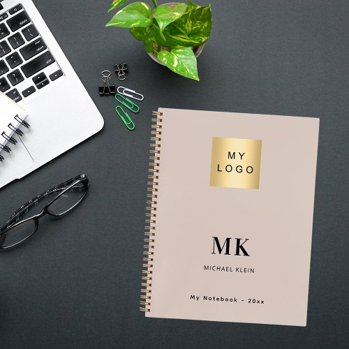 Beige monogram initials business logo notebook