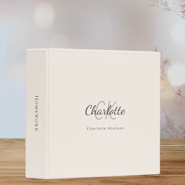 Beige monogram initials name 3 ring binder (Creator Uploaded)