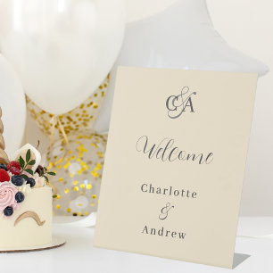 Beige monogram modern simple wedding welcome pedestal sign