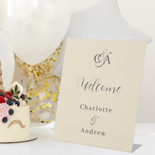 Beige monogram modern simple wedding welcome pedestal sign (Creator Uploaded)