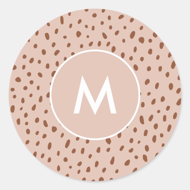 Beige Monogram Terracotta Brown Dots Print Classic Round Sticker (Front)