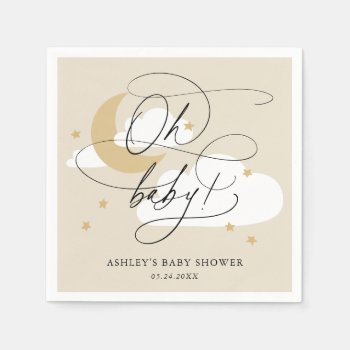 Beige Moon And Stars Script Oh Baby Shower Napkins by NBpaperco at Zazzle