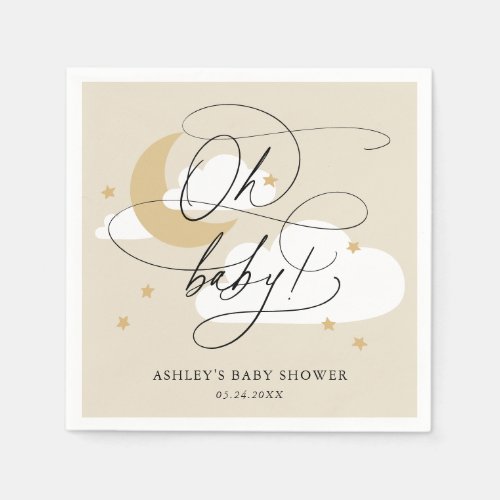 Beige Moon and Stars Script Oh Baby Shower Napkins