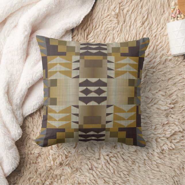 Beige Mustard Brown Ochre Yellow Gray Tribal Art Throw Pillow (Blanket)
