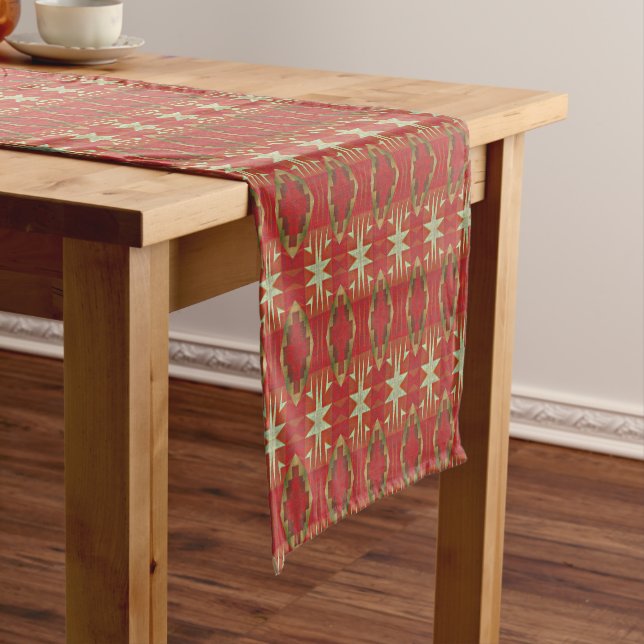 Beige Mustard Green Brown Red Orange Tribal Art Short Table Runner (In Situ)