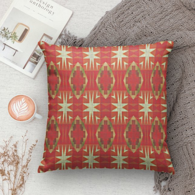 Beige Mustard Green Brown Red Orange Tribal Art Throw Pillow (Creator Uploaded)