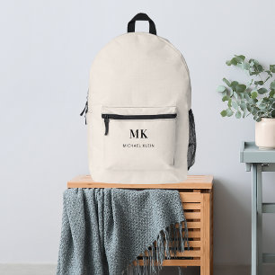 Beige name monogram initials printed backpack