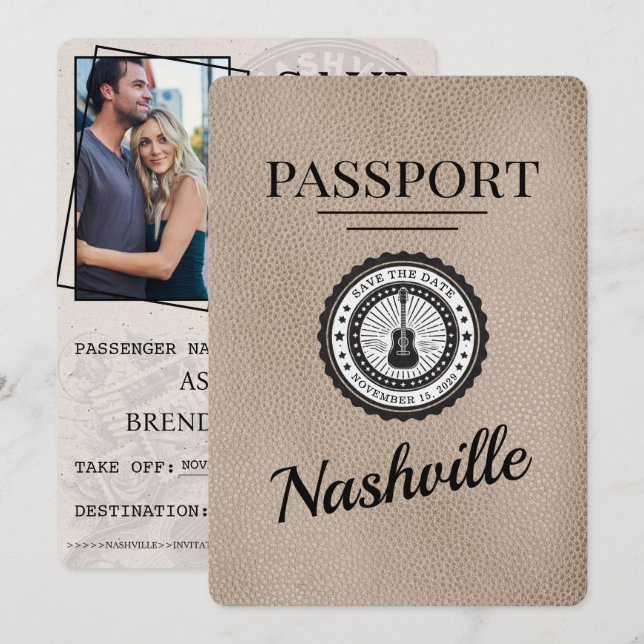 Beige Nashville Passport Save The Date (Front/Back)