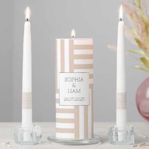 Beige Nautical Striped Wedding Custom Name Date Unity Candle Set