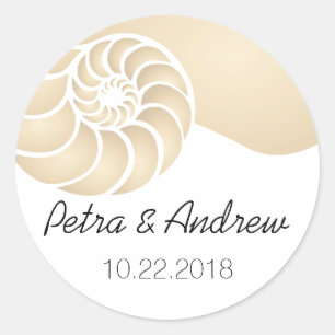 Beige Nautilus Shell Beach Wedding Classic Round Sticker