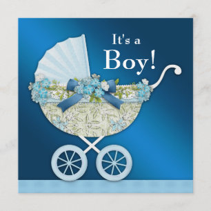 Beige Navy Blue Baby Carriage Boy Shower Invitation