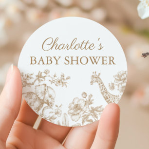 Beige Neutral Baby Shower Safari Toile de Jouy Classic Round Sticker