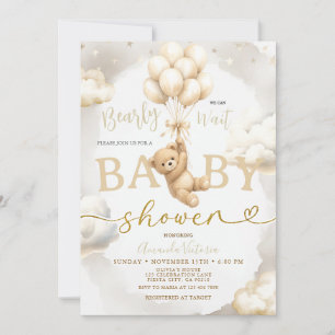 Beige Neutral Bear boho Balloon Baby Shower Invitation