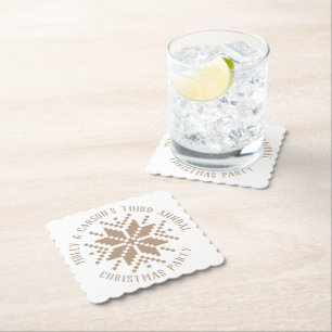 Beige Neutral Custom Text Snowflake Holiday Party Paper Coaster