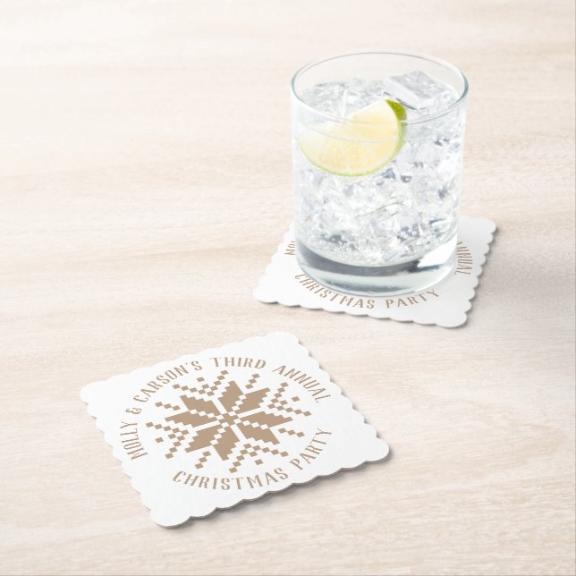 Beige Neutral Custom Text Snowflake Holiday Party Paper Coaster (Insitu)