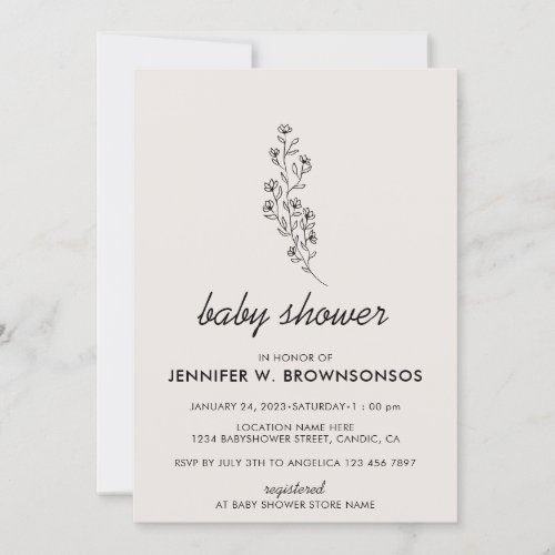 Beige Neutral Floral Classy Elegant Baby Shower Invitation