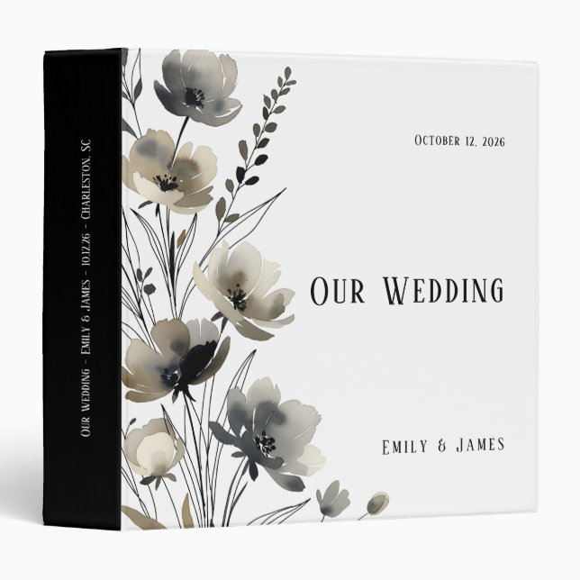 Beige Neutral Floral Wedding 3 Ring Binder (Front/Spine)