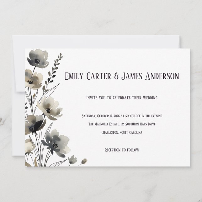 Beige Neutral Floral Wedding Invitation (Front)