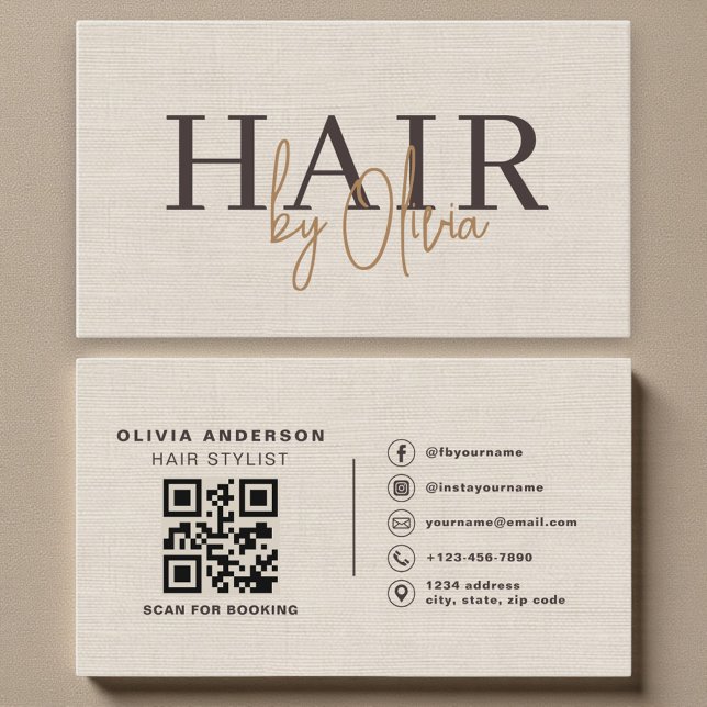 Beige Neutral Linen QR Code Hair Stylist  Business Card (Creator Uploaded)