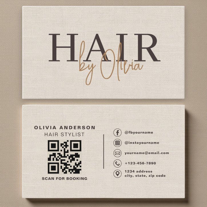 Beige Neutral Linen QR Code Hair Stylist Business Card