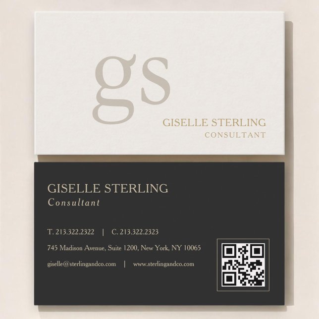 Beige Neutral Monogram QR Code Professional Business Card (Creator Uploaded)