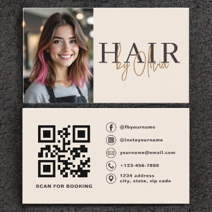 Beige Neutral Photo QR Code Hair Stylist Business Card