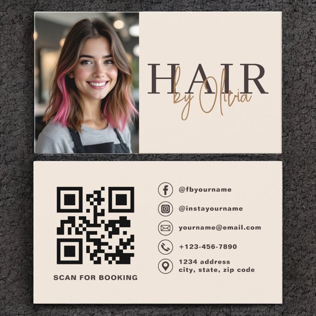Beige Neutral Photo QR Code Hair Stylist  Business Card (Creator Uploaded)