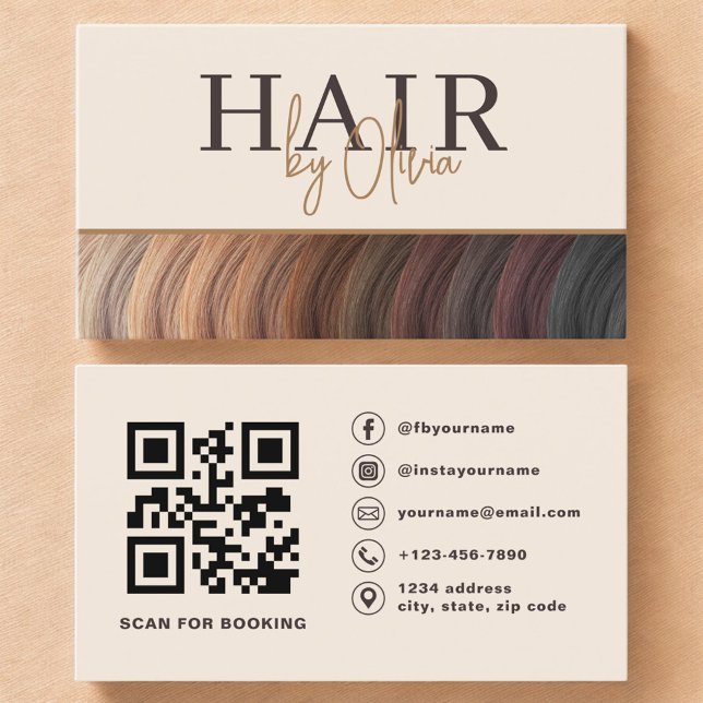 Beige Neutral Photo QR Code Hair Stylist Business Card (Creator Uploaded)