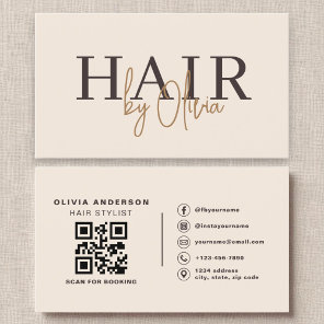Beige Neutral QR Code Hair Stylist Modern Business Card