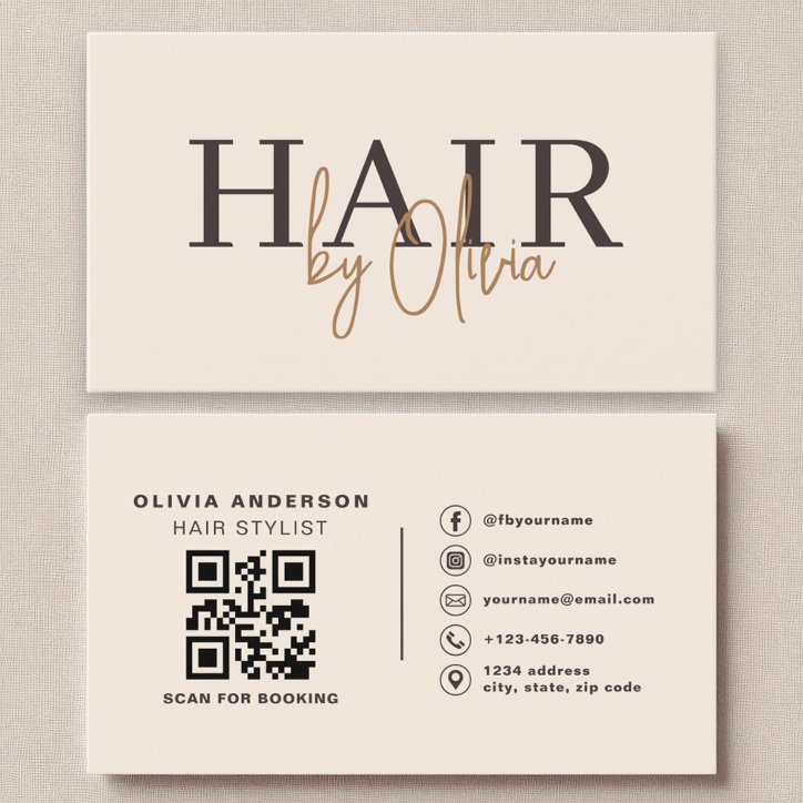 Beige Neutral QR Code Hair Stylist Modern Business Card