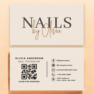 Beige Neutral QR Code Nail Specialist Artist Business Card