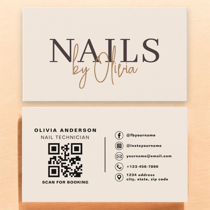 Beige Neutral QR Code Nail Specialist Artist Business Card