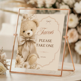 Beige Neutral Teddy Bear Baby Shower Favors Poster