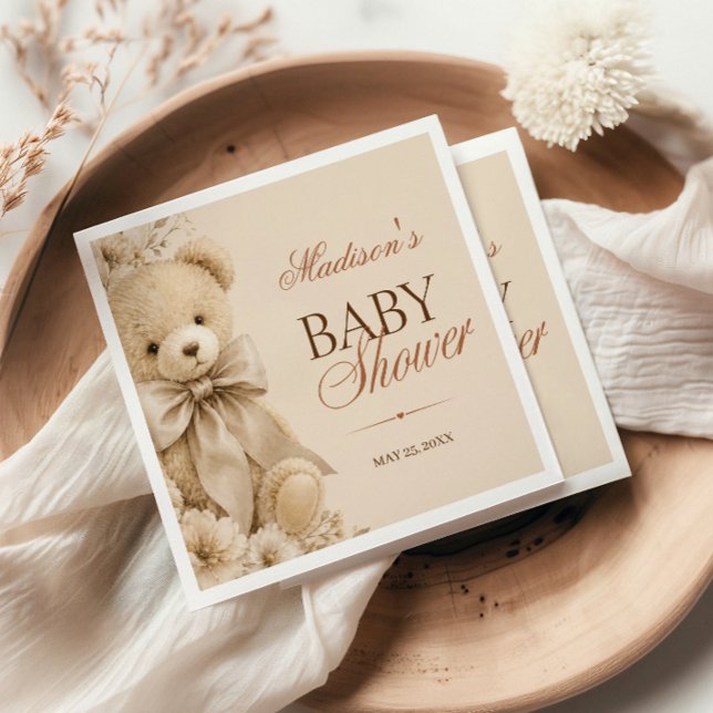 Beige Neutral Teddy Bear Floral Napkins (Creator Uploaded)