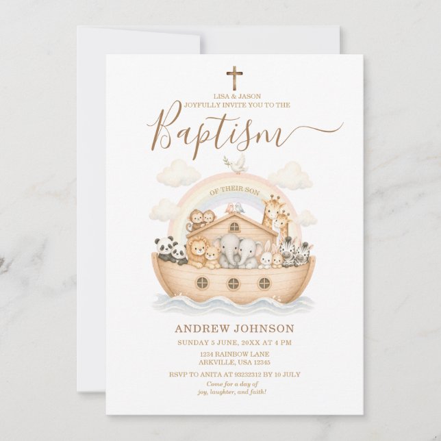 Beige Neutral Watercolor Animals Christening  Invitation (Front)