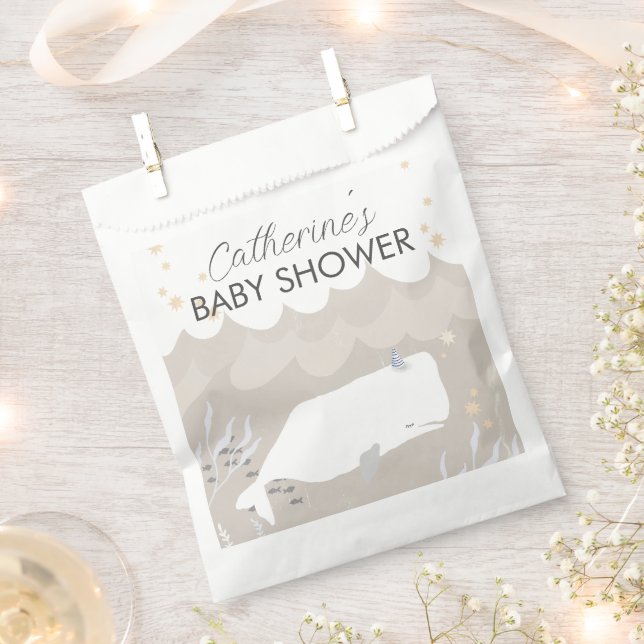 Beige Neutral White Whale Baby Shower  Favor Bag (Clipped)