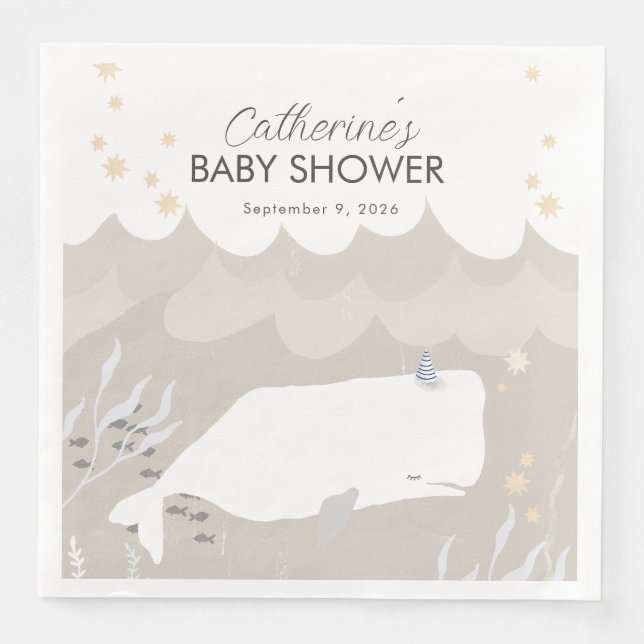 Beige Neutral White Whale Baby Shower  Paper Dinner Napkins (Front)