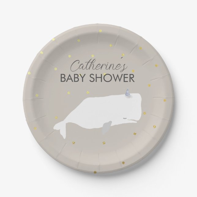 Beige Neutral White Whale Baby Shower  Paper Plates (Front)