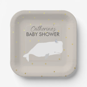 Beige Neutral White Whale Baby Shower  Paper Plates